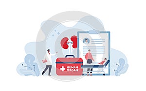 Voluenteering and kidney organ donation concept. Vector flat people healthcare illustration. African doctor and female patient in