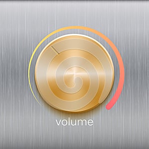 Volume button with golden brushed texture and color scale isolated on metal texture background