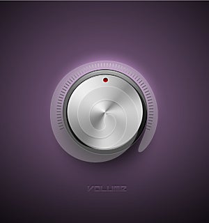 Volume button, sound control icon, music knob metal aluminum or chrome texture and scale with black ring on purple plastic