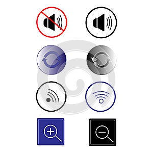 Volume control icons, wifi signs, magnifier increase and decrease icons