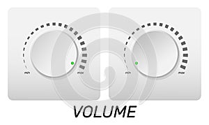 Volume control. Minimum and maximum level of sound or music. Round rotating button. Multimedia panel knob with scale. Amplifier