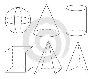 Volume geometric shapes: sphere, cone, cylinder, cube, pyramid.