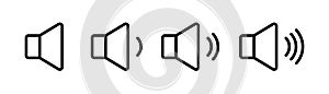 Volume icon. Megaphone sign in line. Sound symbol in black. Music icon set. Outline loudspeaker symbol. Outline sound sign.