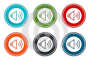Volume speaker icon flat vector illustration design round buttons collection 6 concept colorful frame simple circle set