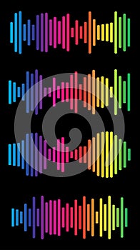 Volume spectrum collection. Multicolored audio range effect. Rainbow music signal diagram. Vivid colors equalizer charts. Sound