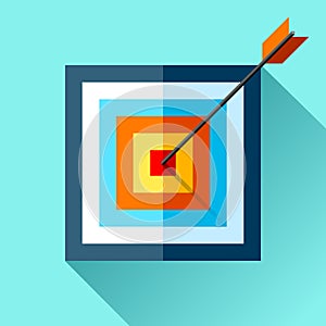 Volume squre Target icon in flat style on color background. Arrow in the center aim. Vector design element for you business projec