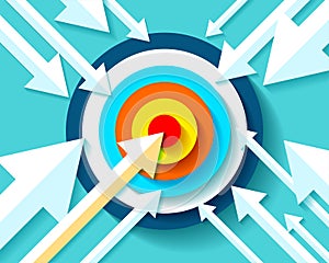 Volume Target icon in flat style on color background. Arrows fly to the center aim. Vector design element for you business project