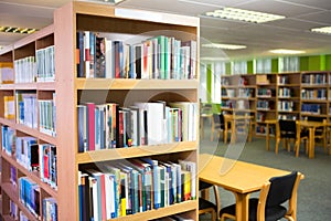 Volumes of books on bookshelf in library