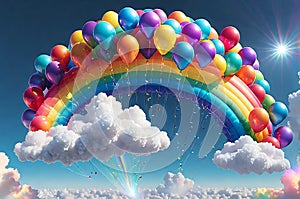 volumetric 3D render of a prismatic rainbow arcing through a cluster of ethereal clouds, dotted with magic