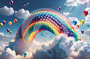 volumetric 3D render of a prismatic rainbow arcing through a cluster of ethereal clouds, dotted with magic