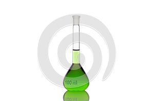 Volumetric flask with green liquid on white background