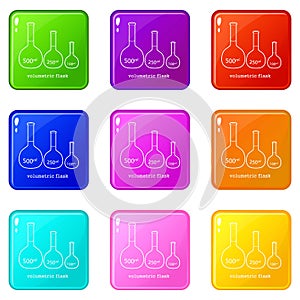 Volumetric flask icons set 9 color collection