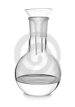 Volumetric flask with liquid and filter funnel on white background