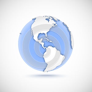 Volumetric globe in white and blue colors. 3d vector illustration with continents America, America, North, South and Central