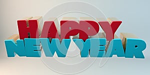 Volumetric letters of the text `Happy New Year`, 3d image.