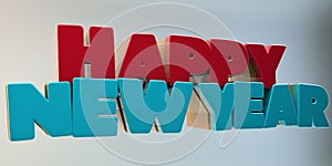 Volumetric letters of the text `Happy New Year`, 3d image.