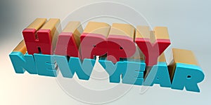 Volumetric letters of the text `Happy New Year`, 3d image.