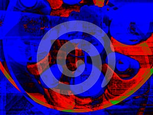 Volumetric red art image, in 3D format, on a blue background. Derived from a photograph of a wheel of an old retro locomotive.