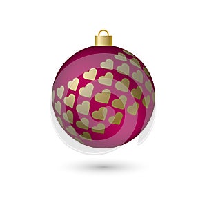 Volumetric red Christmas ball with gold hearts, with shadows and highlights. Christmas tree toy. Isolated on white