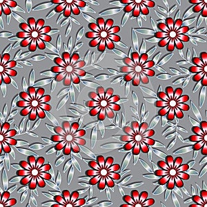 Volumetric seamless floral 3d pattern. Large red-burgundy with black flowers, light twigs with silver-gray leaves, gradient,