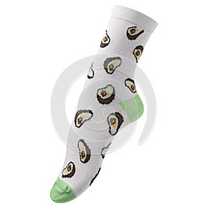 Volumetric sock with a pattern of many slices of avocado, outstretched toes, on a white background