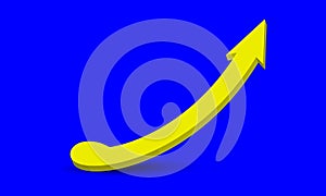 Volumetric spiral yellow arrow with shadow pointing upwards on a pure blue background