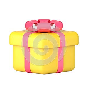 Volumetric yellow box gift 3d icon. Celebration package with red ribbon and bow