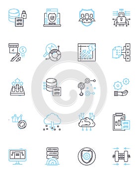 Voluminous records linear icons set. Extensive, Abundant, Comprehensive, Copious, Enormous, Massive, Multifarious line