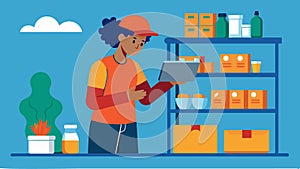 A volunteer carefully pricing items and adding them to the stores inventory.. Vector illustration.