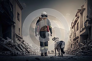 Volunteer firefighter and trained dog working rescuing people and saving lives in a city affected by an earthquake. Solidarity and