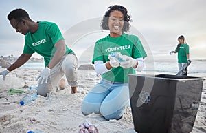 Volunteer group, beach clean and recycling plastic bottle for community service, pollution and earth day. Black woman