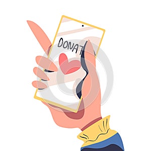 Volunteer Hand Holding Smartphone with Donation App Display as Humanitarian Help for Needy Vector Illustration