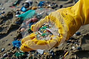 Volunteer hand with yellow gloves collect micro plastics collects plastic from beach sand. Environment, pollution