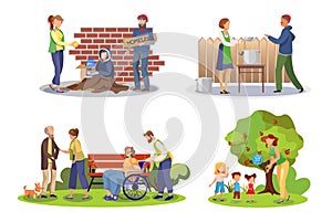 Volunteer help flat illustrations set