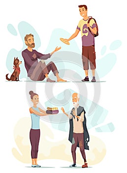 Volunteer help homeless man. Idea of charity and support. Care about people. Isolated vector flat illustration