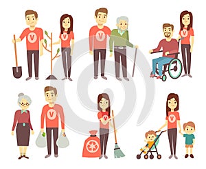 Volunteer helping to disabled people vector characters set for volunteering concept