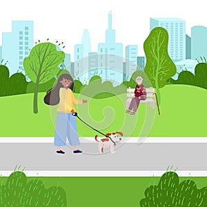 Volunteer helps elderly man walk with his dog in the park. Social worker with dog, old man sit on the bench. Healthcare