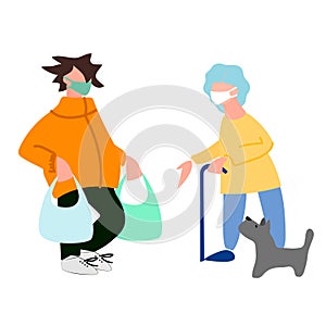 Volunteer helps elderly woman with shopping and dog walking. Social work during coronavirus quarantine concept