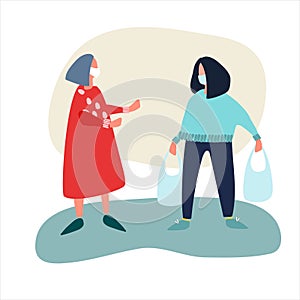 Volunteer helps elderly woman with shopping. Social work during coronavirus quarantine concept