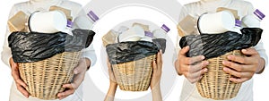 Volunteer holding basket recyclable waste isolated on white background, use clipping path - volunteer concept