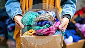 a volunteer holds a box with things. selective focus