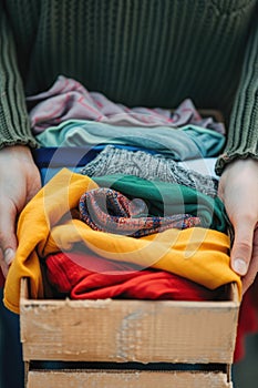 a volunteer holds a box with things. selective focus