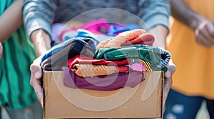 a volunteer holds a box with things. selective focus