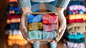 a volunteer holds a box with things. selective focus