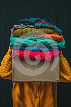 a volunteer holds a box with things. selective focus