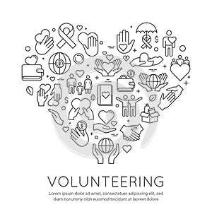 Volunteer line poster. Charity and donation banner, heart shaped icons. Social care voluntary work. Activity helping