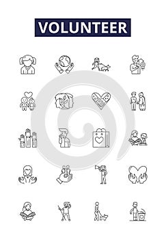 Volunteer line vector icons and signs. assistance, involvement, serve, offering, donor, helper, aiding, contribute