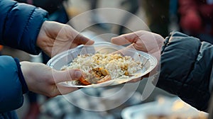 A volunteer passes a plate of food to another person. The plate is filled with rice and vegetables. The action takes place