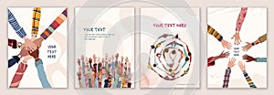 Volunteer people group concept flyer brochure poster editable template. Raised arms and hands of multiethnic people. Multicultural