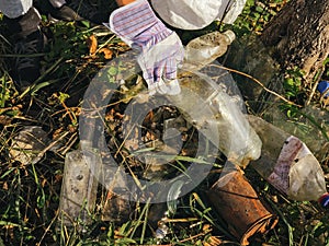 Volunteer picking up dirty plastic bottles in park. Woman hand in glove picking up trash, collecting garbage in bag. Cleaning up